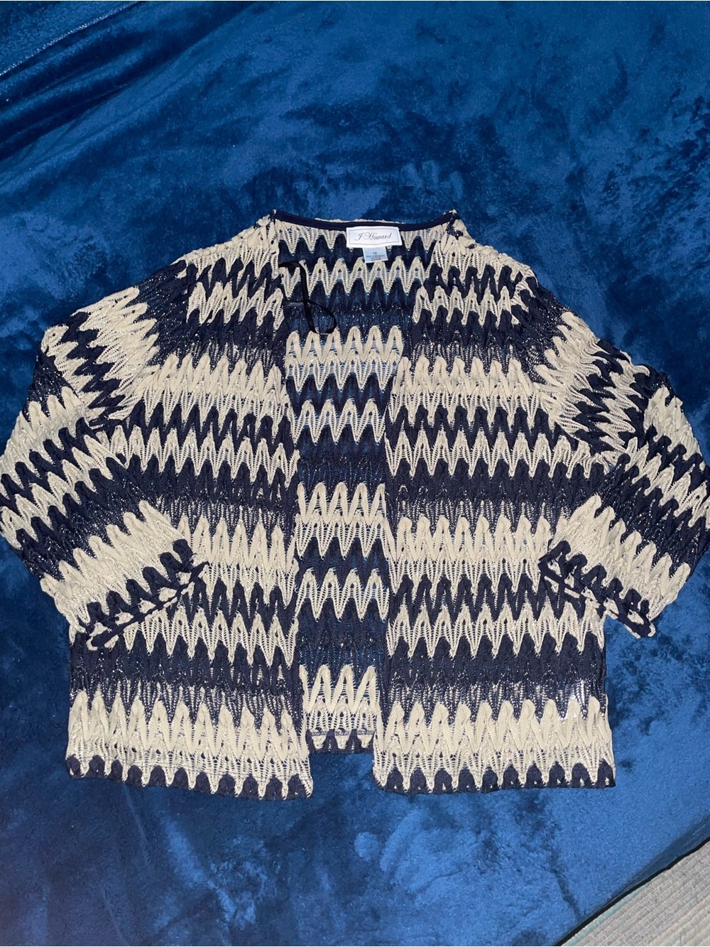Blue and Tan Zigzag Knit Open Cardigan Sweater